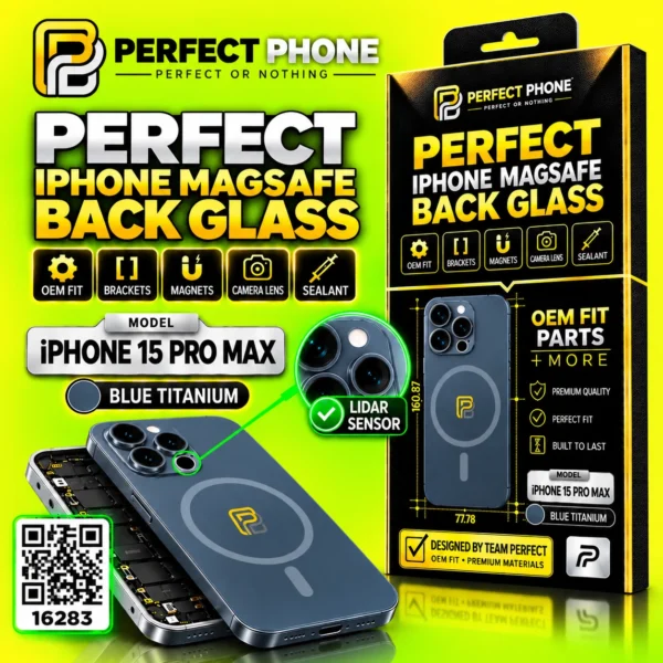 iPhone 15 Pro Max Back Glass OEM Fit With Camera Lens Magnets Blue - Perfect Phone