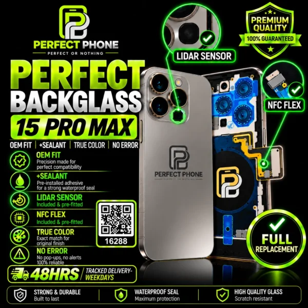 iPhone 15 Pro Max Back Glass OEM Fit With NFC Camera Lens Titanium Grey - Perfect Phone