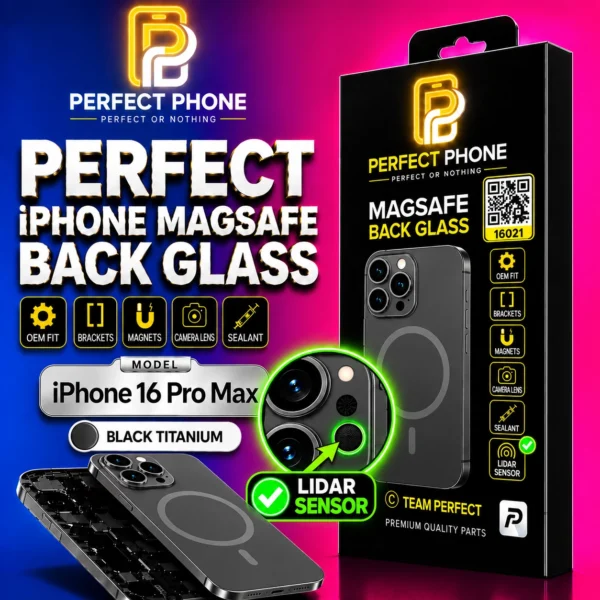 iPhone 16 Pro Max Back Glass OEM Fit With Camera Lens Magnets Black - Perfect Phone