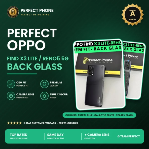 OPPO Find X3 Lite / Reno5 5G back glass replacement with camera lens - Grade A OEM fit - Perfect Phone