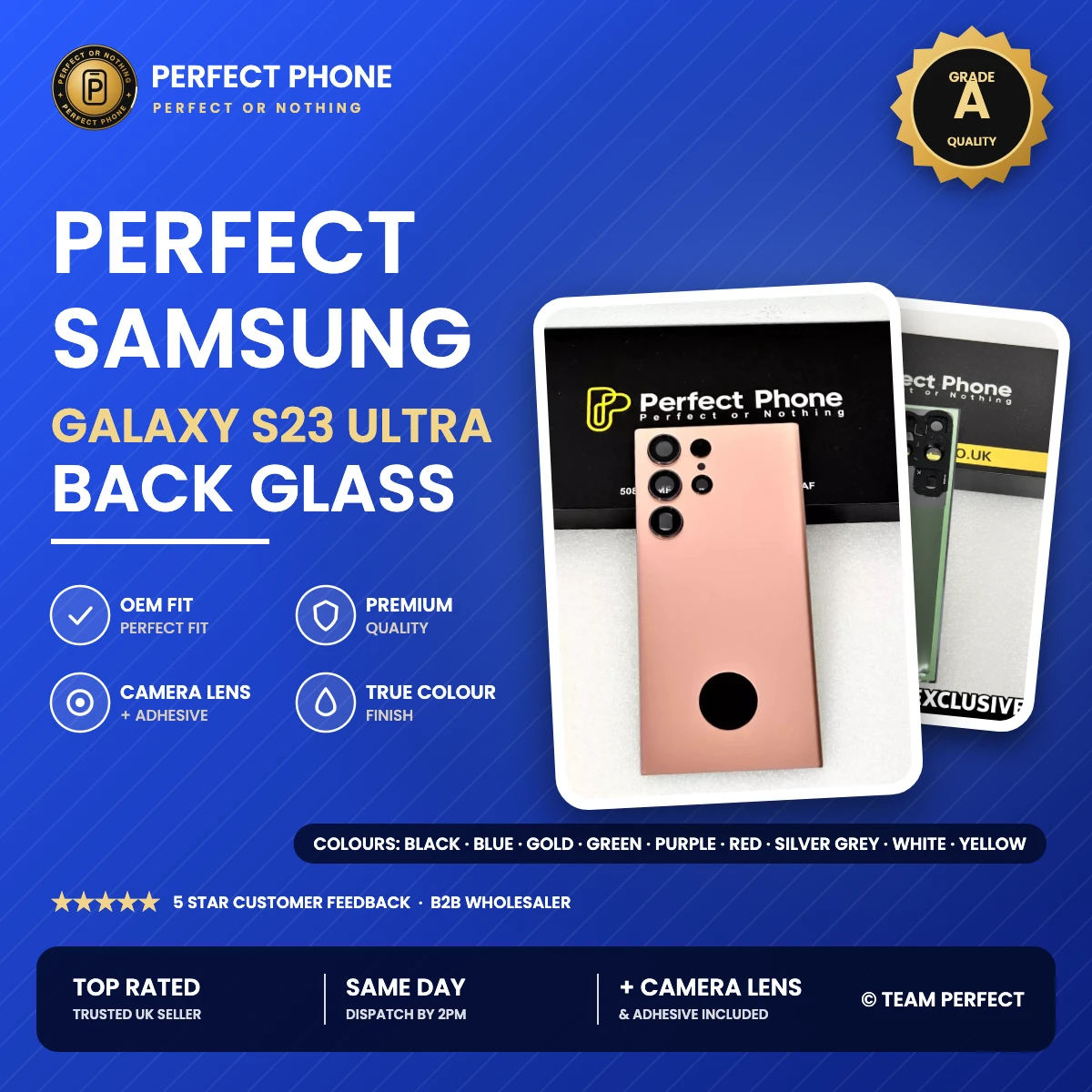 Samsung Galaxy S23 Ultra Back Glass - Perfect Phone Samsung Galaxy S23 Ultra back glass replacement with camera lens - Grade A OEM fit - Perfect Phone